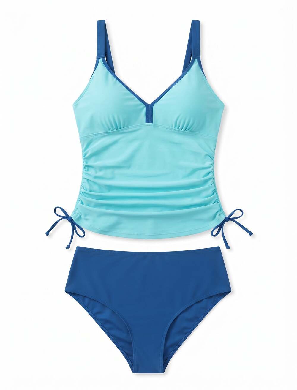 ZAFUL Women's Ruched Tankini Swimsuit – V-Neck, High Waist, Tummy Control, Blue,